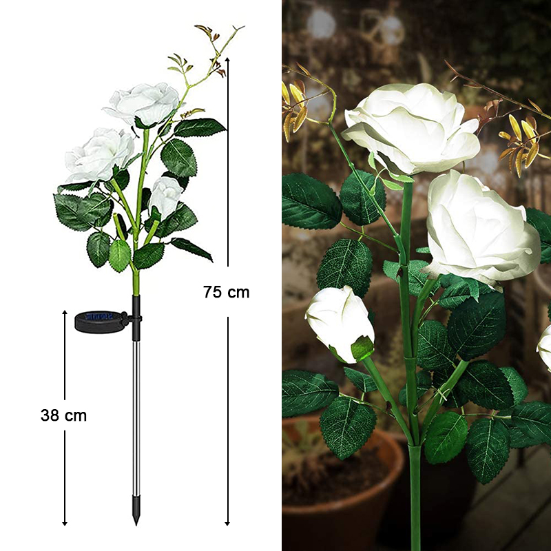 Solcelle Rose Blomsterlampe LED - Vandtæt Have Dekoration Udendørs - Landskab Græsplæne Lampe: Hvid -3 hoved