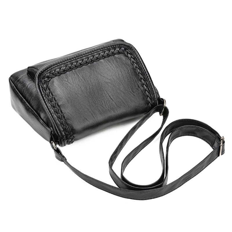 Kvinnlig liten väska vävda solida axelväskor mjukt pu läder dam messenger crossbody väskor med lock