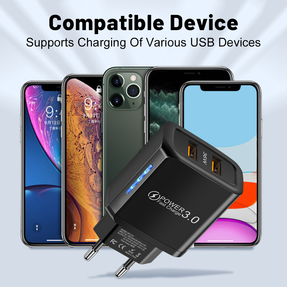 2 puertos 36W USB cargador de teléfono móvil Quick 3.0 adaptador de carga rápida de pared para iPhone Xiaomi Samsung Huawei