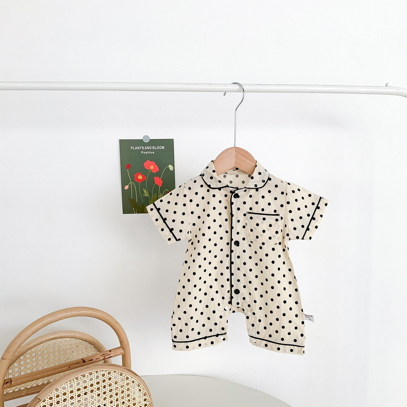 2022 Zomer Koreaanse Stijl Baby Meisje Jongen Romper Beer Dot Korte Mouwen Turn-Down Kraag Jumpsuit Kind Kleding e2375: dot / 66cm 0-3Months