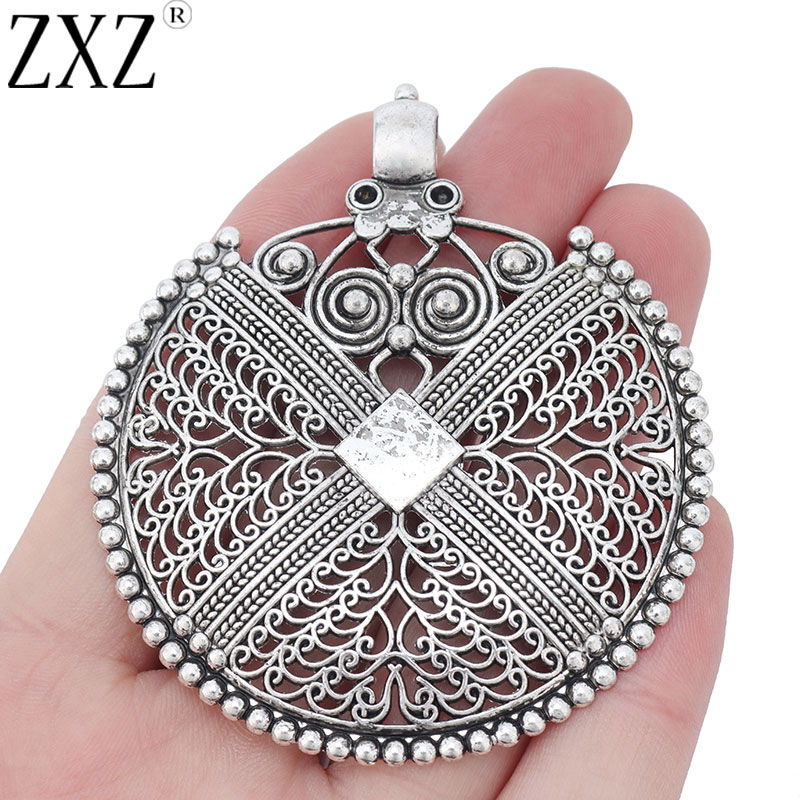 ZXZ 2pcs Large Bohemian Boho Filigree Embossed Charms Pendants for Necklace Jewelry Making Findings 74x64mm