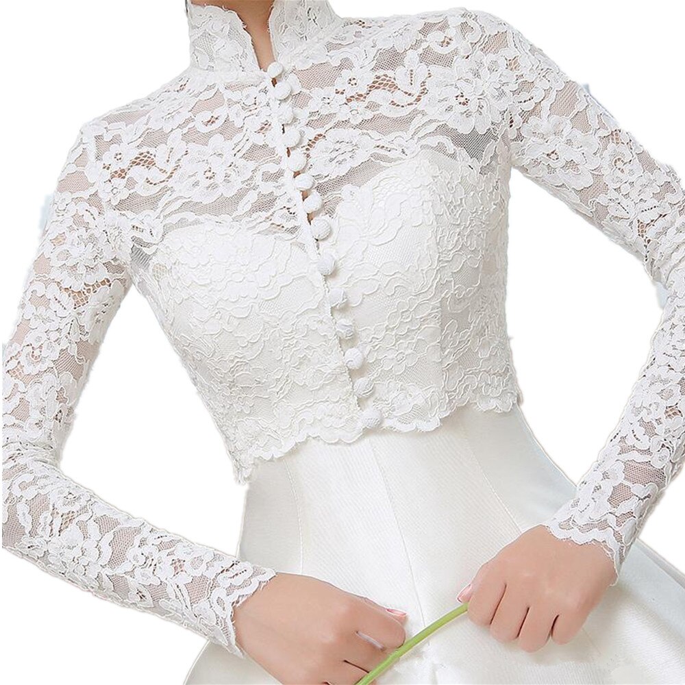 GOHYPDUG Long Sleeve Lace Top Jacket Bolero Button Front White Ivory Bridal Wrap Plus Size Bride Shawl