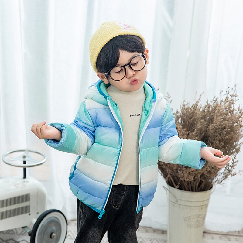 Kids Hooded Jassen Jongens Meisjes Winter Regenboog Kleuren Jas Baby Bovenkleding Voor Baby Warm Peuter Down Snowsuit 1-6years