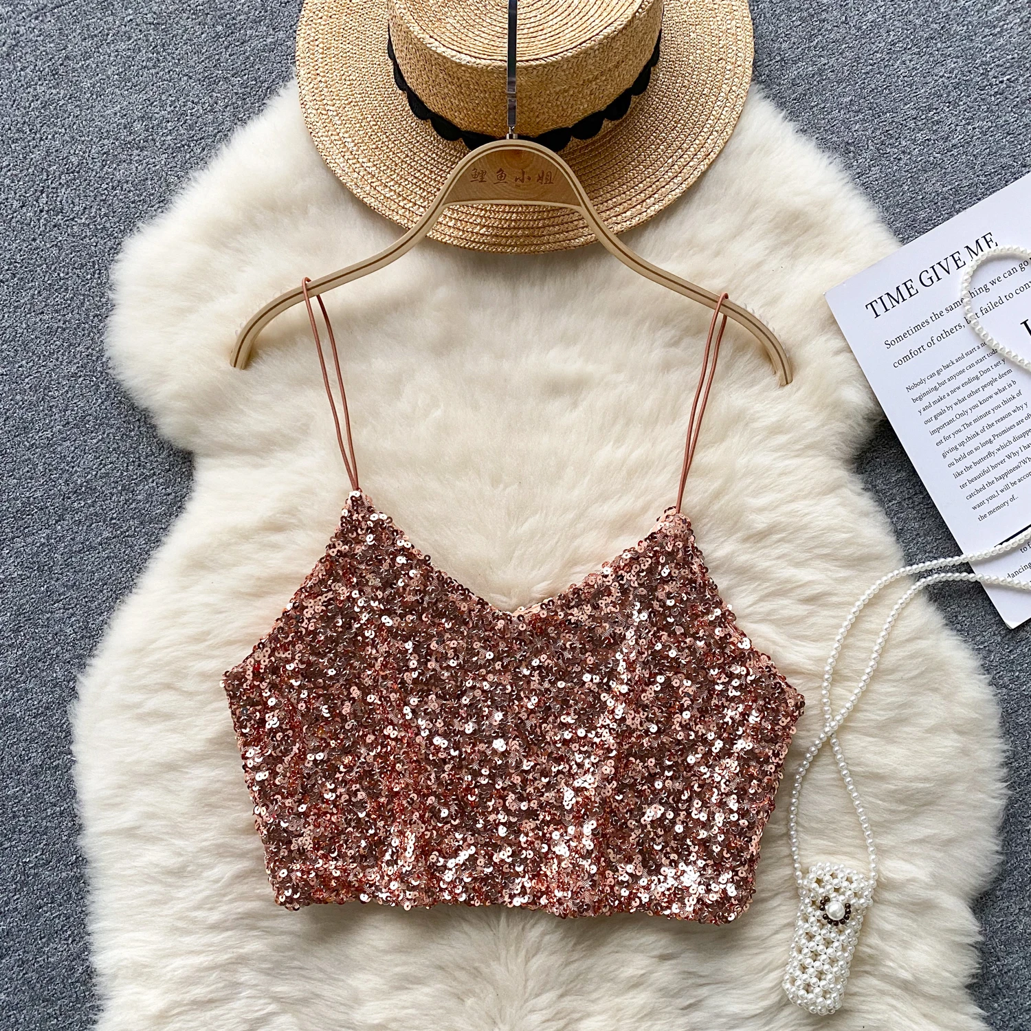 Kvinnor chic paljett linne smal grundläggande sexig koreansk ärmlös axelbandslösa toppar hösttopp