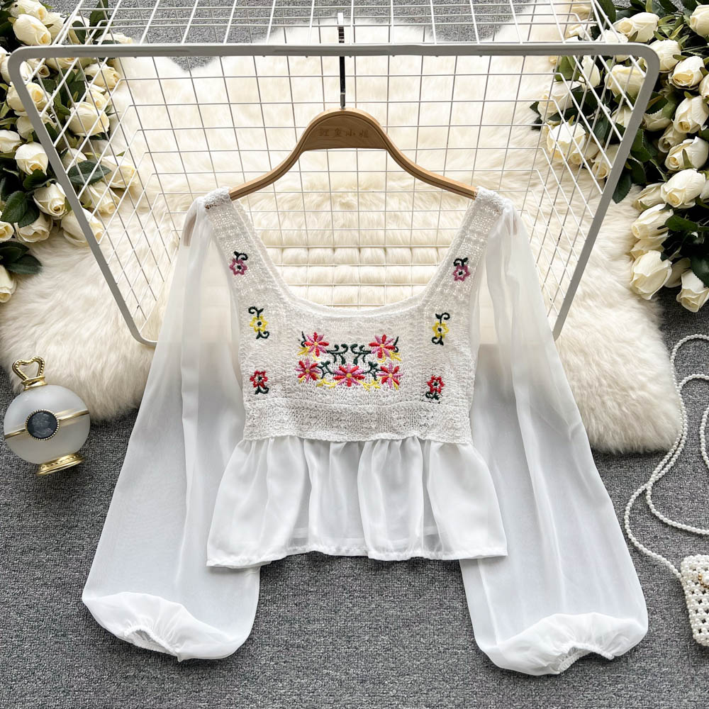 2022 Spring Summer Temperament Womens Tops And Blouses Square Neck Long Sleeve Chiffon Hollow Embroidery Ladies Polo Shirts: 1