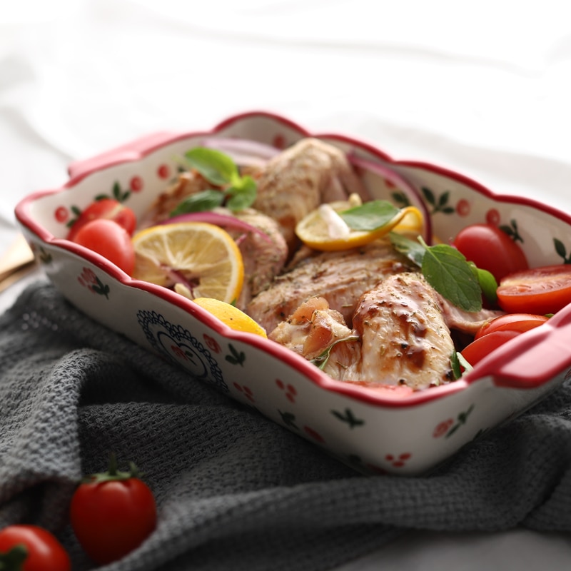 1pc Red Cherry Baking Plate Ceramic Dinner Dishes European Style Dinnerware Baking Tray Ovenware Dinner Plate