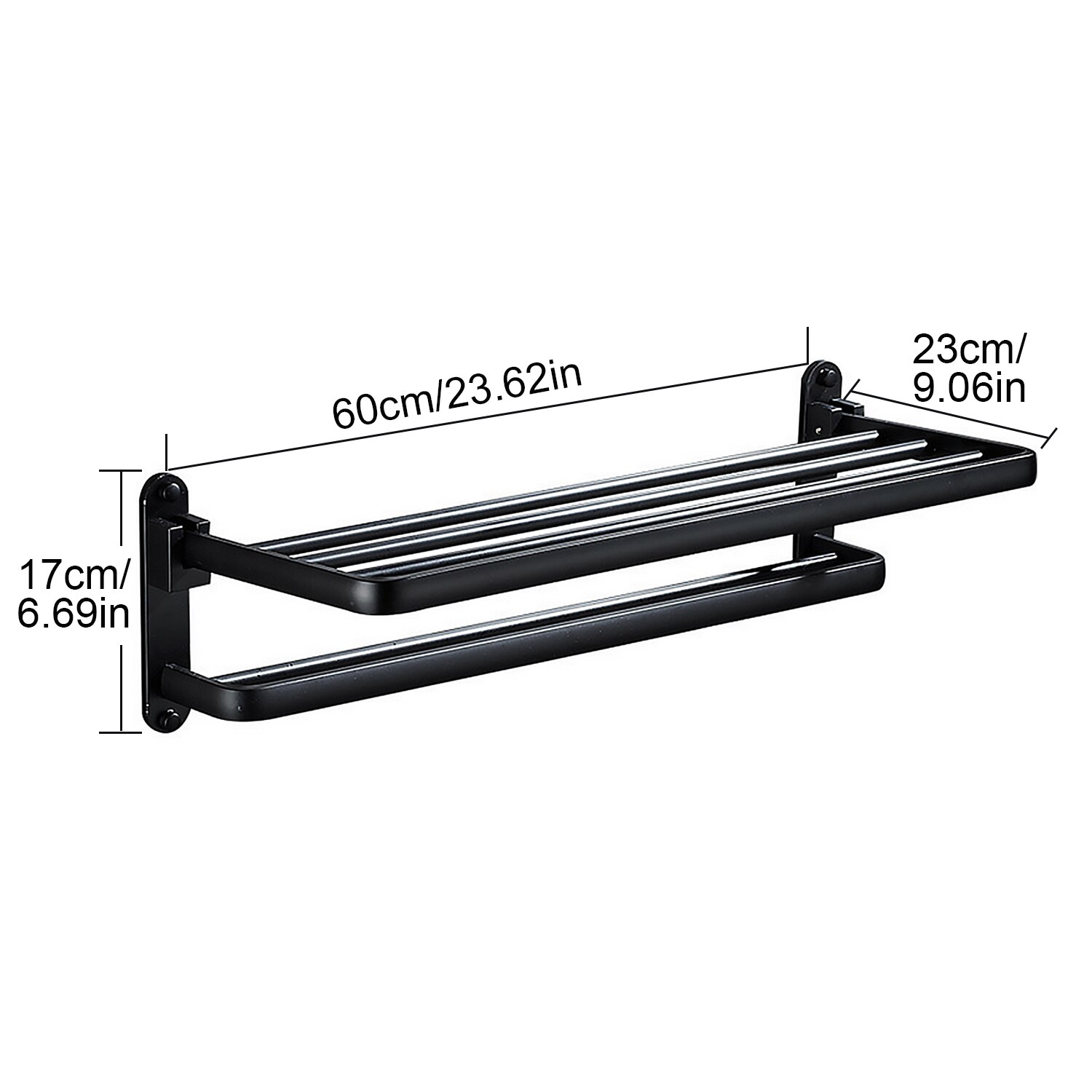 Foldable Double Layer Black Matte Space Aluminum Bath Towel Holder Rack Shelf for Bathroom Kitchen Office Black