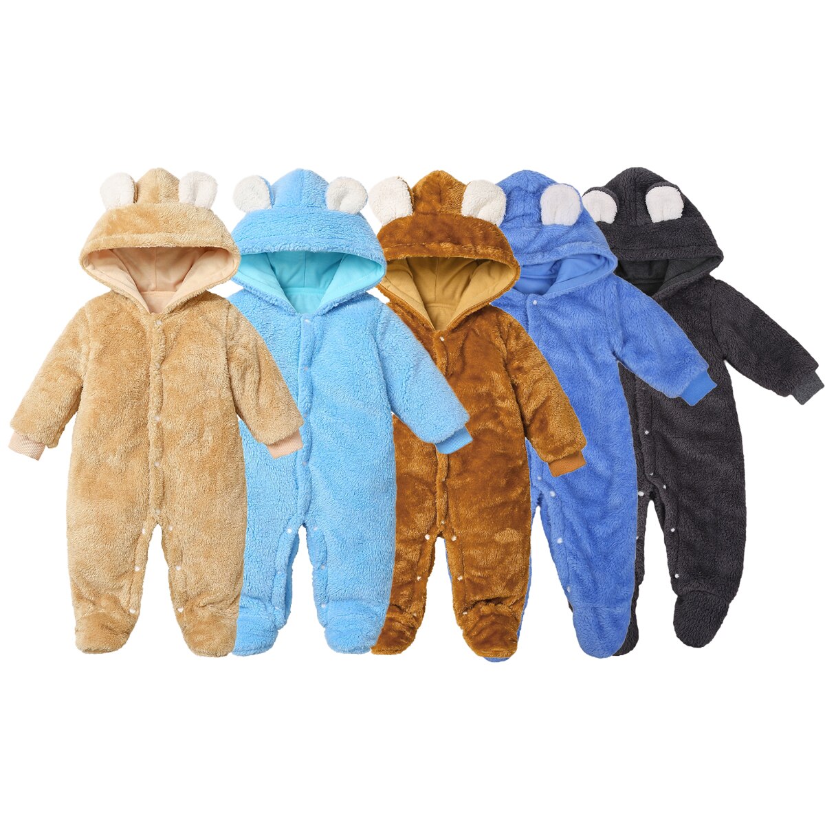 Baby Jongen Meisje Winter Romper Lange Mouw Herfst Verse Pluche Effen Kleur 3D Oren Hooded Een Stuk Lange Broek