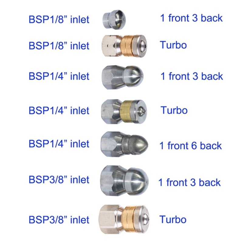 High Pressure Washer Stainless Steel Accessories G1 / 8 " G1 / 4 " G 3 / 8" Drain Sewer Cleaning Jetter Rotary Nozzle