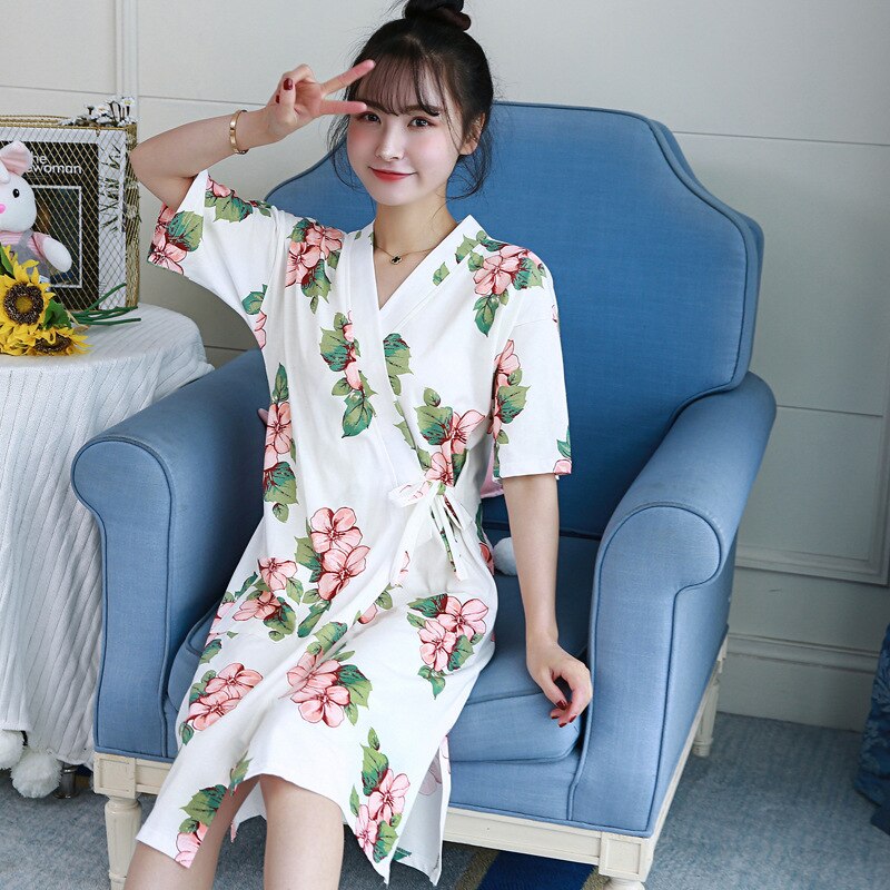 Summer Kimono Robe High-End Cotton Double Layer Gauze WOMEN'S Cardigan Pajamas Short Sleeved Robe Bathrobe: 542 8