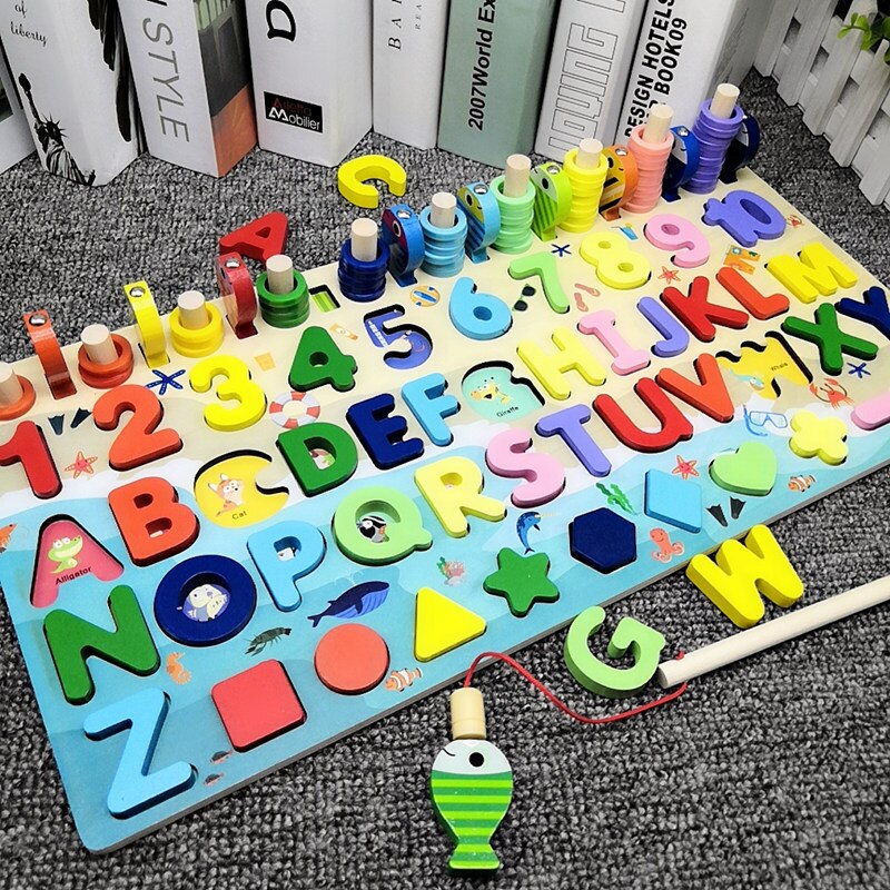 Montessori Wooden Toys For Kids Early Educational Board Math Fishing Count Numbers Matching Digital Shape Sorter Children Toy: 6 in 1 D