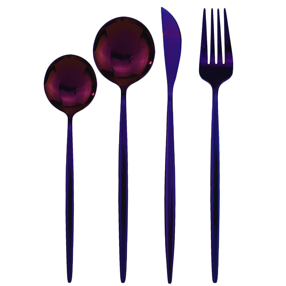 JANKNG 4Pcs Black Dinnerware Set Dessert Spoon Flatware Set Stainless Steel Tableware Mirror Kitchen Gold Cutlery Silverware Set: Purple