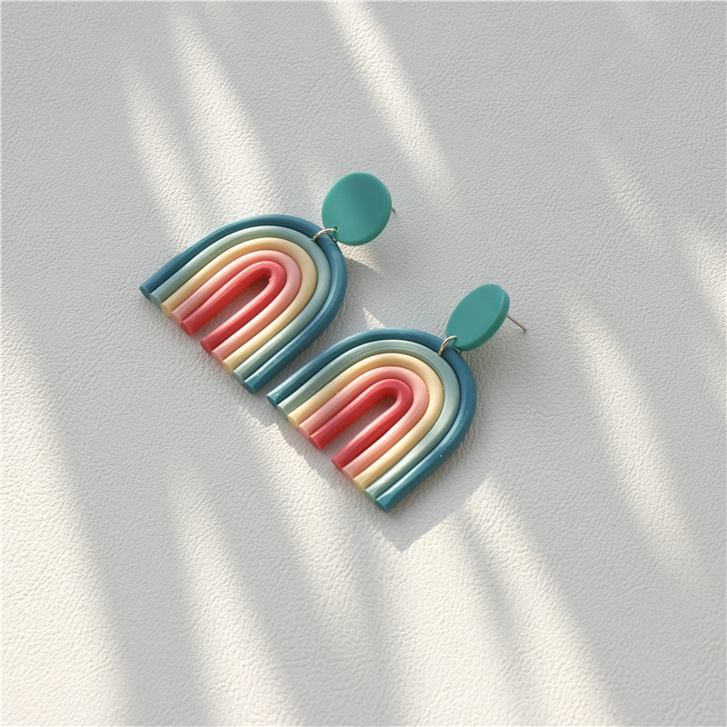 AOMU Ethnic Boho Gradient Ceramic Clay Rainbow Color Arched Colorful Line Handmade Long Dangle Earrings for Women Jewelry