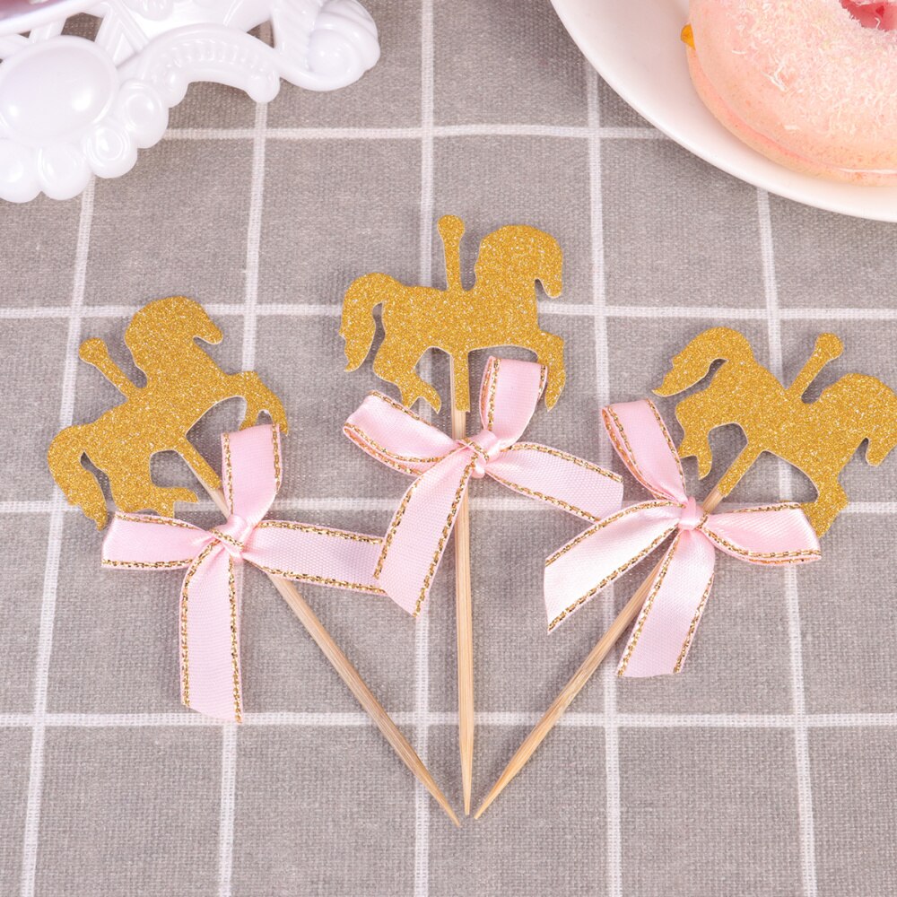 20Pcs Lovely Carousel Shape Cake Toppers Delicate Cupcake Dessert Toppers Party Bithday Decoration (Blue Bowknot)