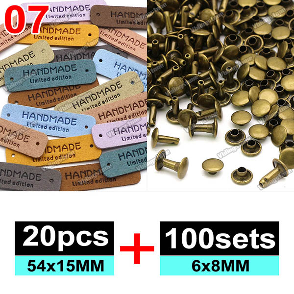 Zestawy etykiet skórzanych Ręcznie robione etykiety na ubrania Wytłaczane etykiety z metalowymi nitami z podwójną nasadką 6x8MM Akcesoria robić szycia: Miedzi