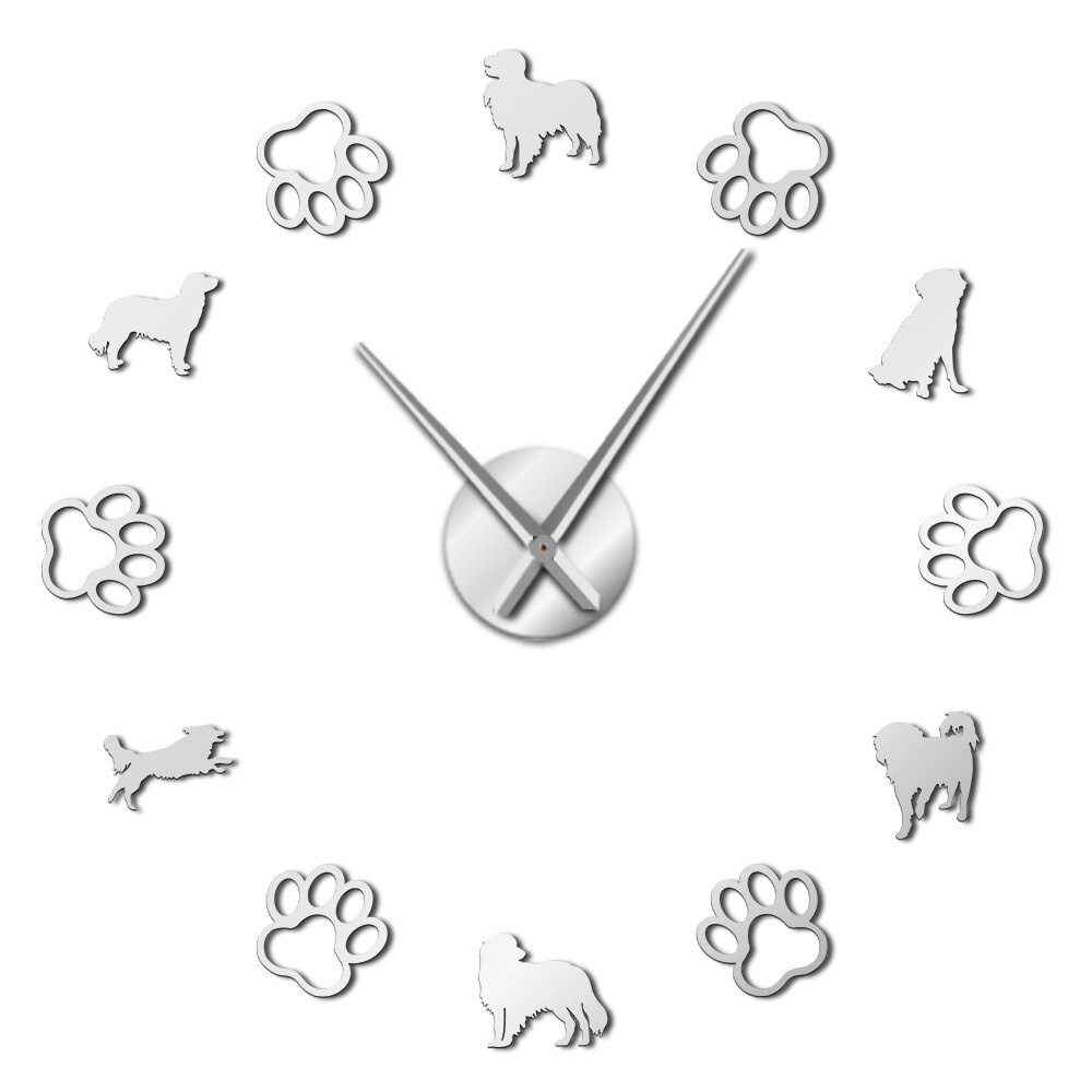 Frameless Kooikerhondje Dog Breeds 3D DIY Wall Clock With Cute Dog Footprint For Dog Lover Self Adhesive Mute Acrylic Clock: Silver / 27inch