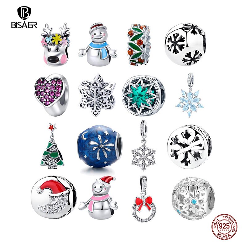 BISAER 925 Sterling Zilver Kerst Bedels Sneeuwvlokken Sneeuwpop Kerstboom Kralen fit Kralen voor Zilveren 925 Sieraden Maken