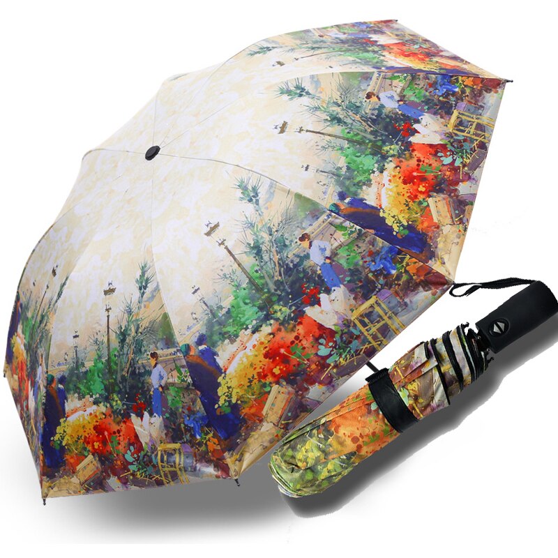 Automatische Olieverf Paraplu Regen Vrouw Opvouwbare Parasol Zwarte Coating Vrouwelijke Parasol Anti-Uv Vrouwelijke 'S Business Paraplu