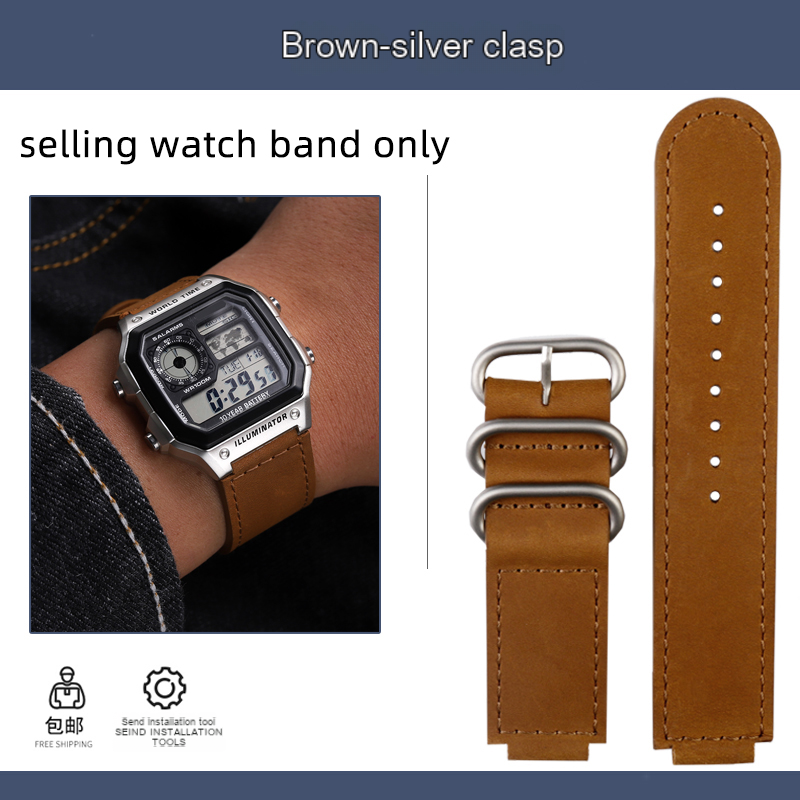 Für Casio Lederarmband AE-1200/1100/SGW-300/W218H Serie modifiziertes retro-Lederarmband: Kohle schwarz
