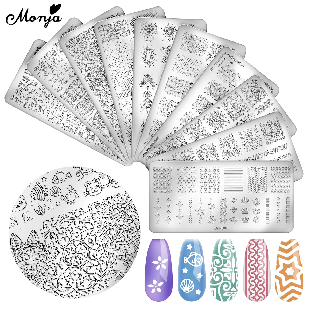 Monja 10 Stile Nagel Kunst Vorlagen Blume Ebene Streifen Geometrische aufbringen Stanzen Platten Druck Schablone DIY Manikübetreffend Werkzeug
