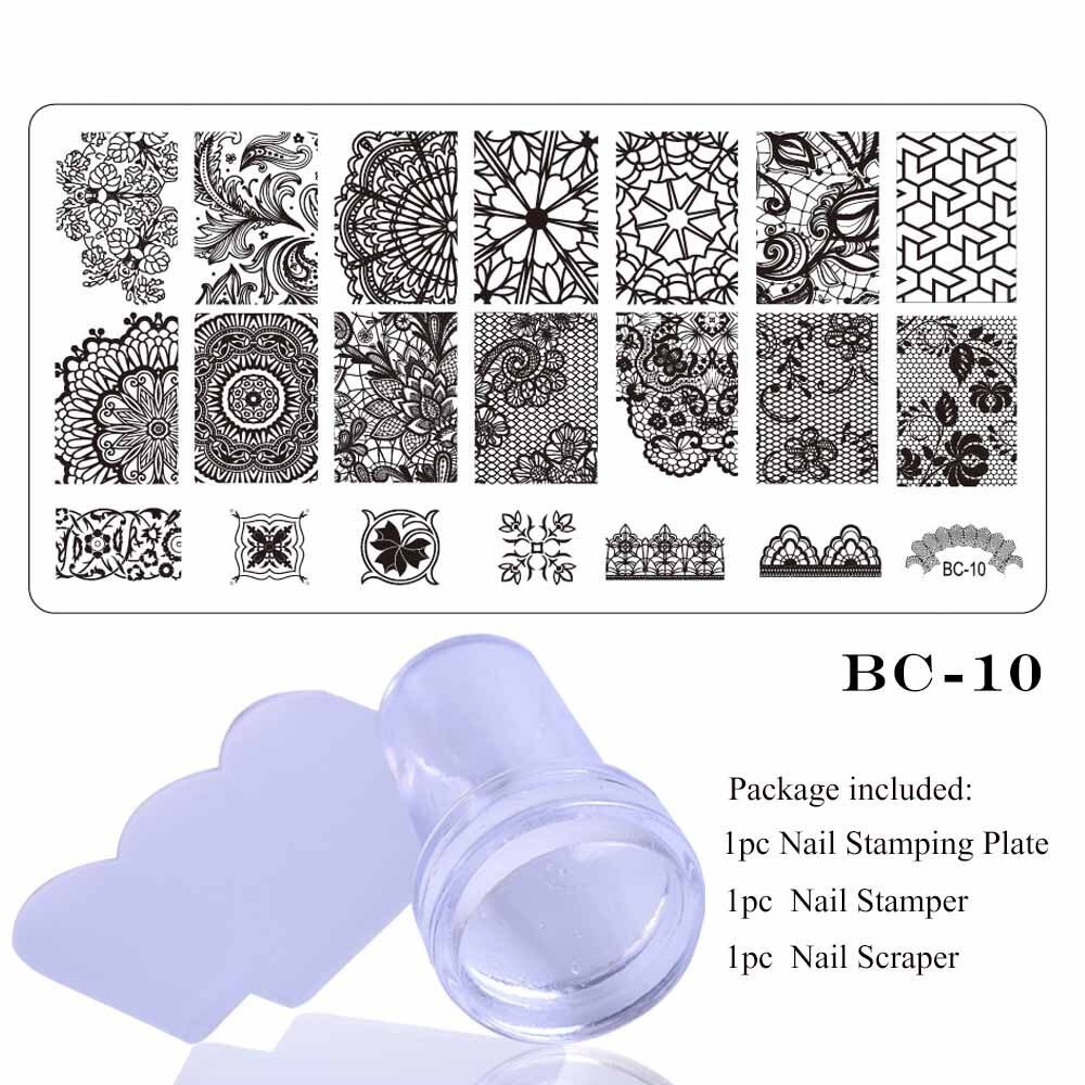 1 sæt blonde stempelplade til nail art blomst 3d overførselstryk stencil stamper skraber manicure stempel værktøj chbc 01-20: Bc10