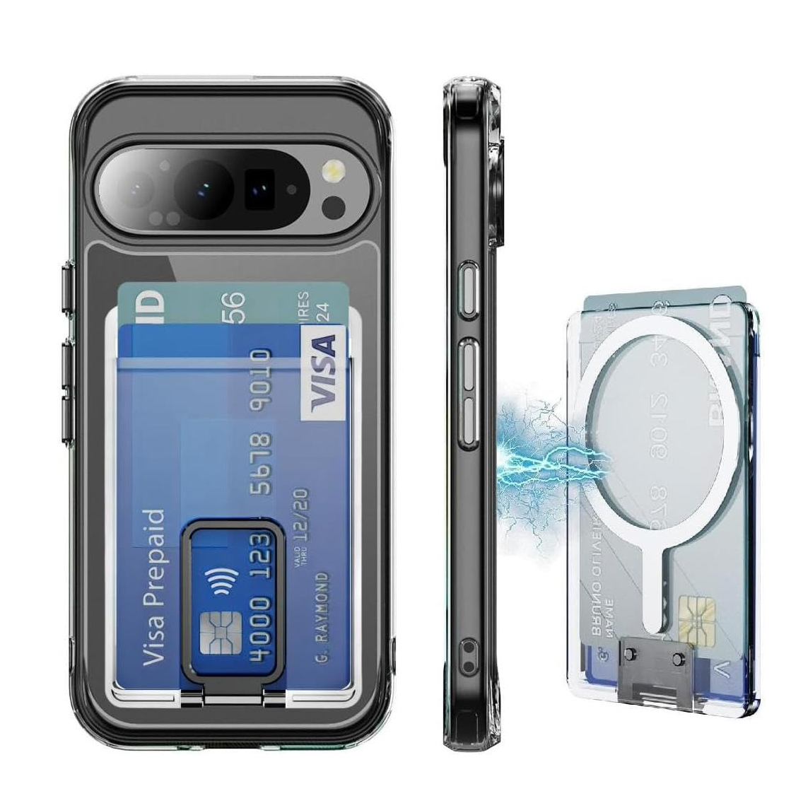 2-in-1 Magsafe portemonnee kaartsleuf transparant hoesje voor Google Pixel 9 Pro XL 8 Pro 7A 8A 9A duidelijke standaardhouder harde magnetische hoes: Google Pixel 9 Pro XL