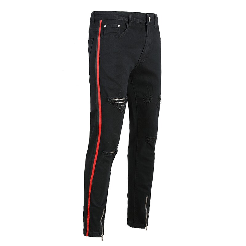 Sokotoo mænds røde sorte stribe linje patchwork rippede jeans slim fit lynlåse huller nødlidende stretch denim bukser