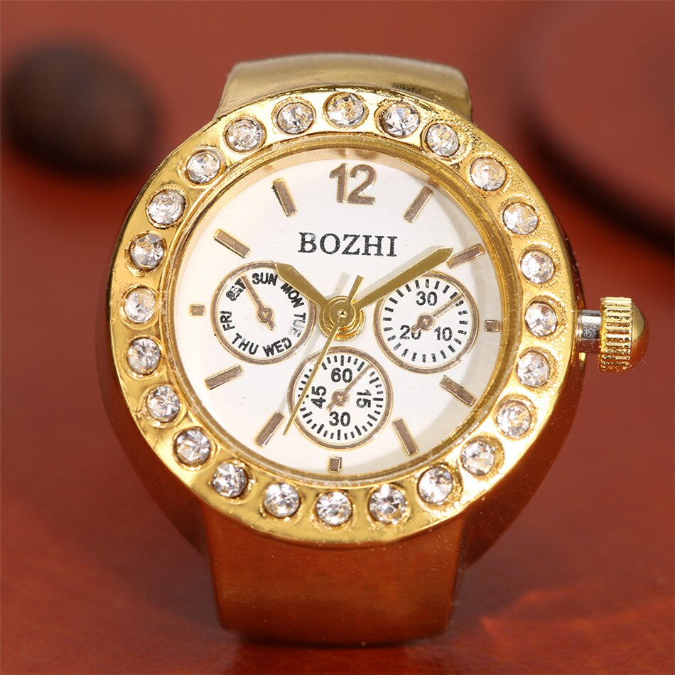 Strass Vrouwen Zilver/Goud/Rose Goud Legering Elastische Band Ring Horloges Quartz Uurwerk