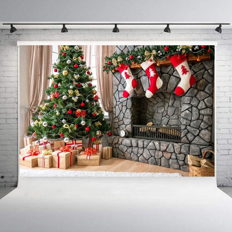 Renaiss 3.5x2.5m Kerst Foto Achtergrond Houten Deur Kerstboom Geschenken Fotografie Achtergrond Kerst Feest Decor Kinderen Familie Portret Foto Rekwisieten Vinyl