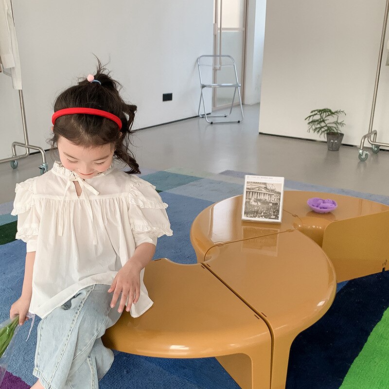Blusas de cuello alto de encaje para niñas de 1 a 8 años, Tops informales de algodón con manga abombada, color blanco, Verano