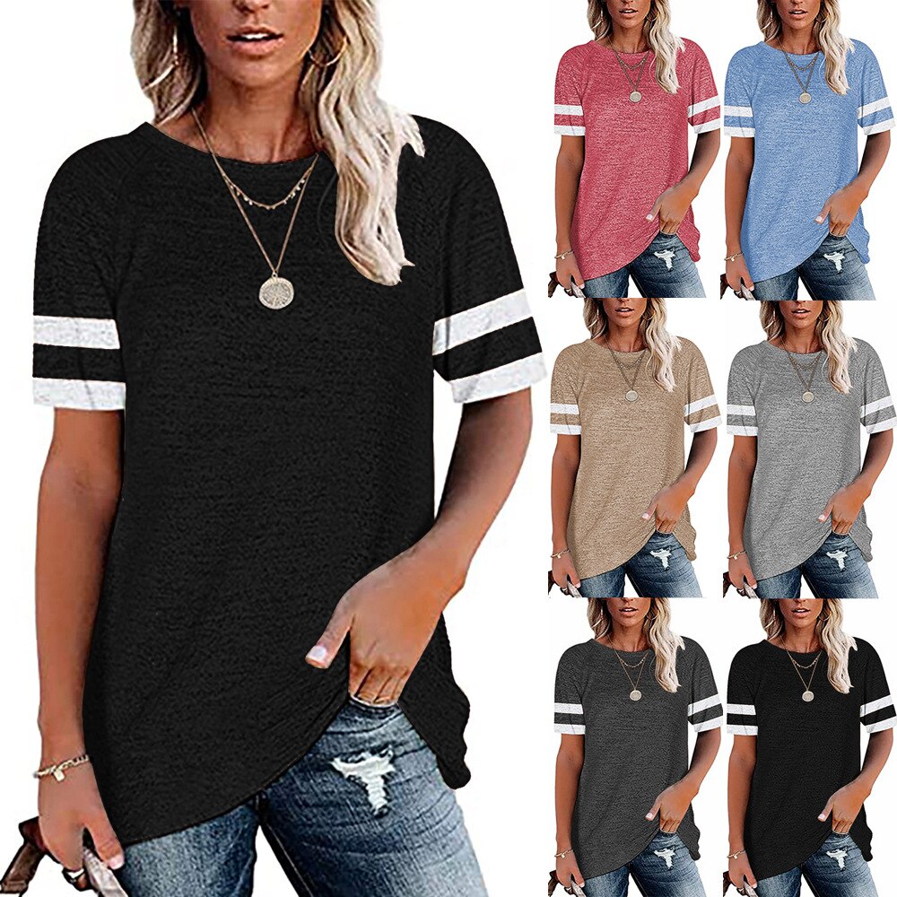d'été en Europe et en Amérique de hauts manchon d'épissure pure couleur loisirs col rond manches courtes T-shirt