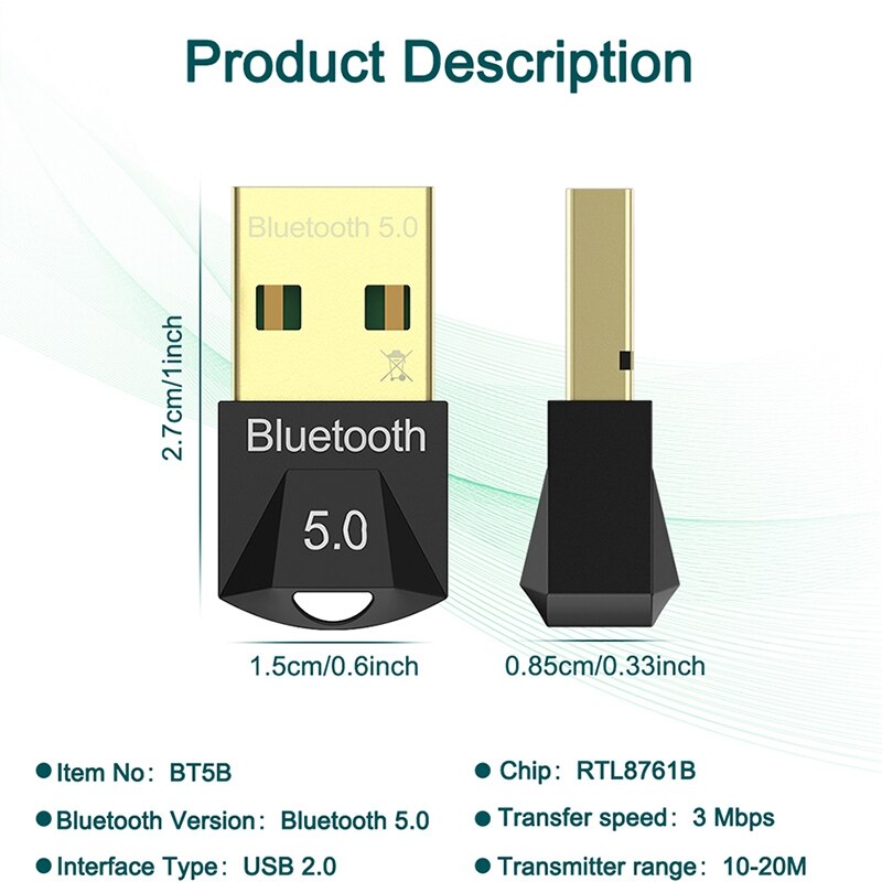 Bluetooth adapter  bt 5.0+ edr trådløs usb adapter for stasjonær datamaskin bærbar pc eller mottaker sender