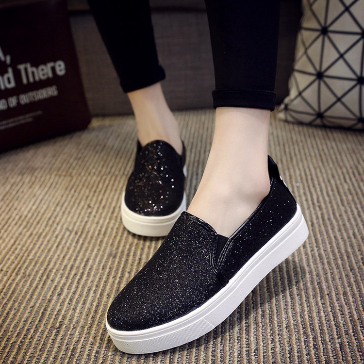 women's shoes muffins with thick-soled feet casual shoes a pedal flash sequins canvas shoes A157: Black / 7