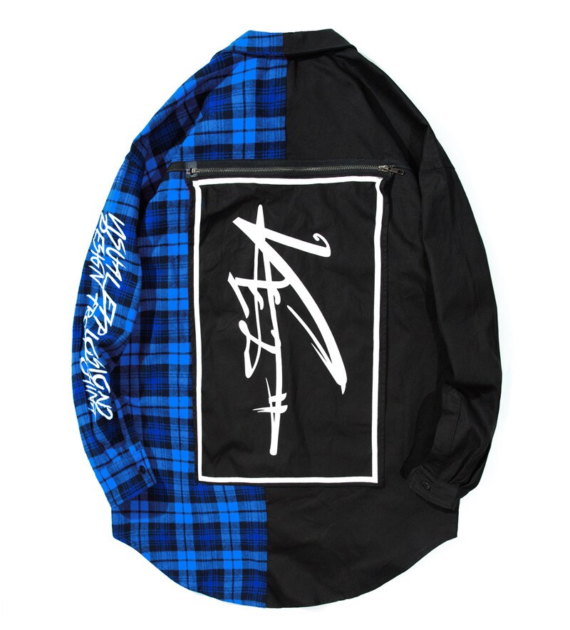 Mens Hip hop Color Block Patchwork Oversized Plaid Shirts letter printed Long section Curved hem Casual Long sleeves Shirts