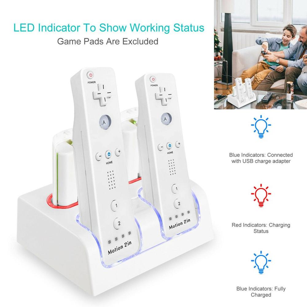 Stazione di Ricarica LED 4 in 1 + Batteria per Accessori di Gioco Nintendo Wii U