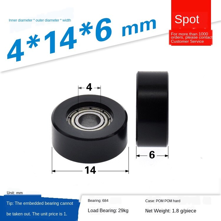 5 stk 684 mikro fladt styrehjulsleje plast pom nylon lille hjul 4*14*6mm til skuffe vitrineskab