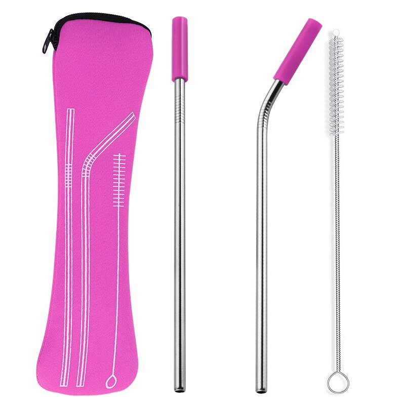 1 set Reusable Stainless Steel Straws Straight Bent Drinking Straws with Silicone Tips Cold Beverage Metal Drinking Straw: pink 2pcs