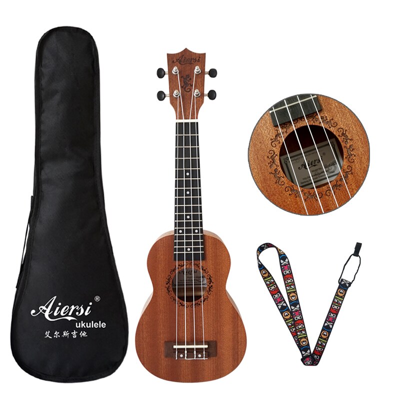Aiersi mærke mahogni sopran ukulele guitar 21 tommer hawaiian ukulele med taske og rem: 21bg taskerem