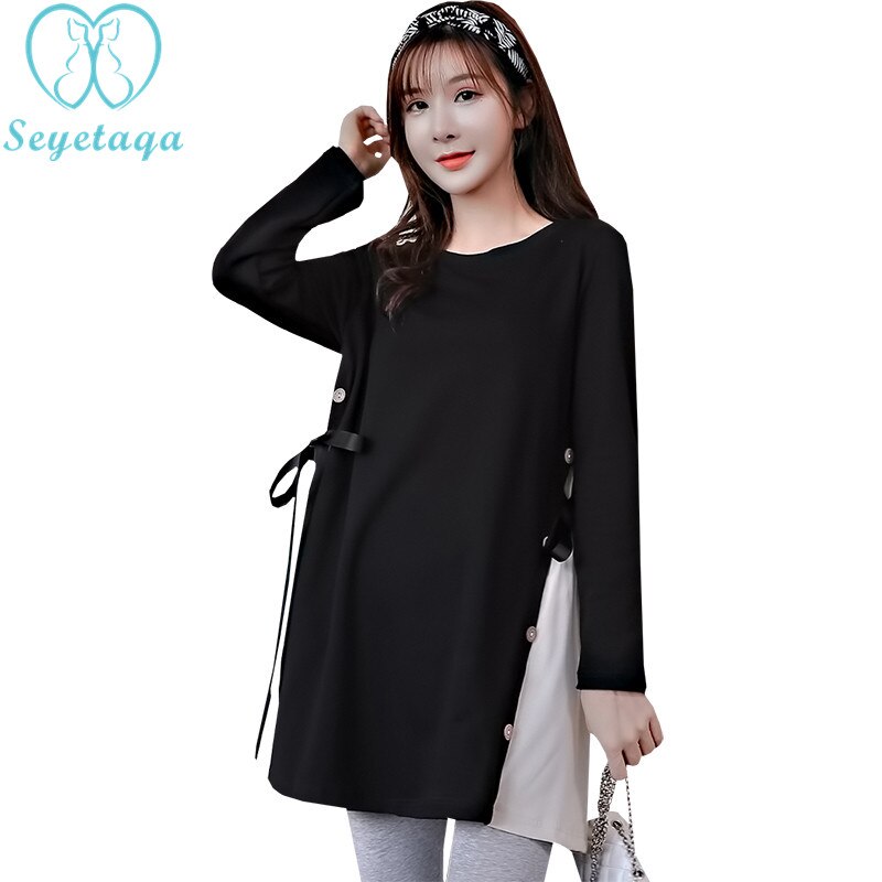 803#  efterårs koreanske graviditetsskjorter en linje løs sideopdelt tøj til gravide langærmede graviditetstoppe