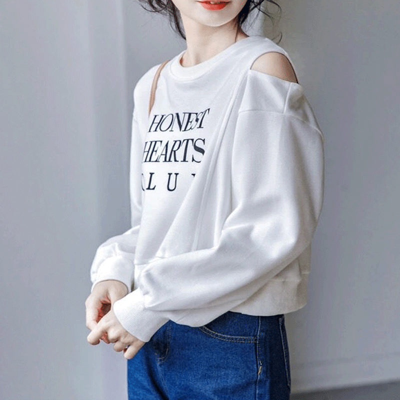 Primavera autunno Y2K lettera stampa maglione donna manica lunga con spalle scoperte sciolto moda donna top coreano giovane stile femminile Pullover: XL / WHITE