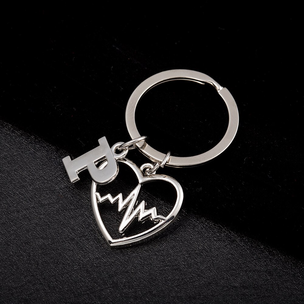Mijn Vorm Verzilverd 26 Alfabetische Brief Hart Hollow ECG Hanger Sleutelhanger llaveros Auto Charms Sleutelhanger Arts Verpleegkundige