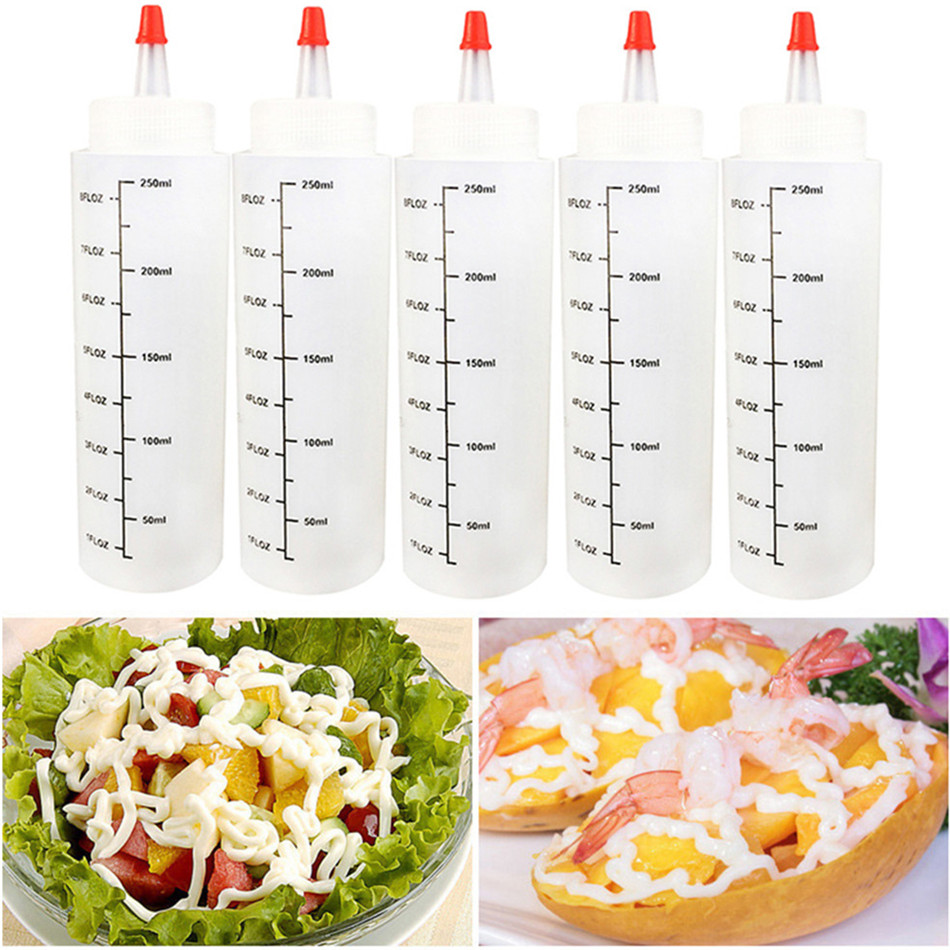 VOGVIGO 5pcs Plastic Needle-nosed With Scale Squeeze Bottle 250ml With Leak-Proof Cap Sauce Salad Squeezable Bottle