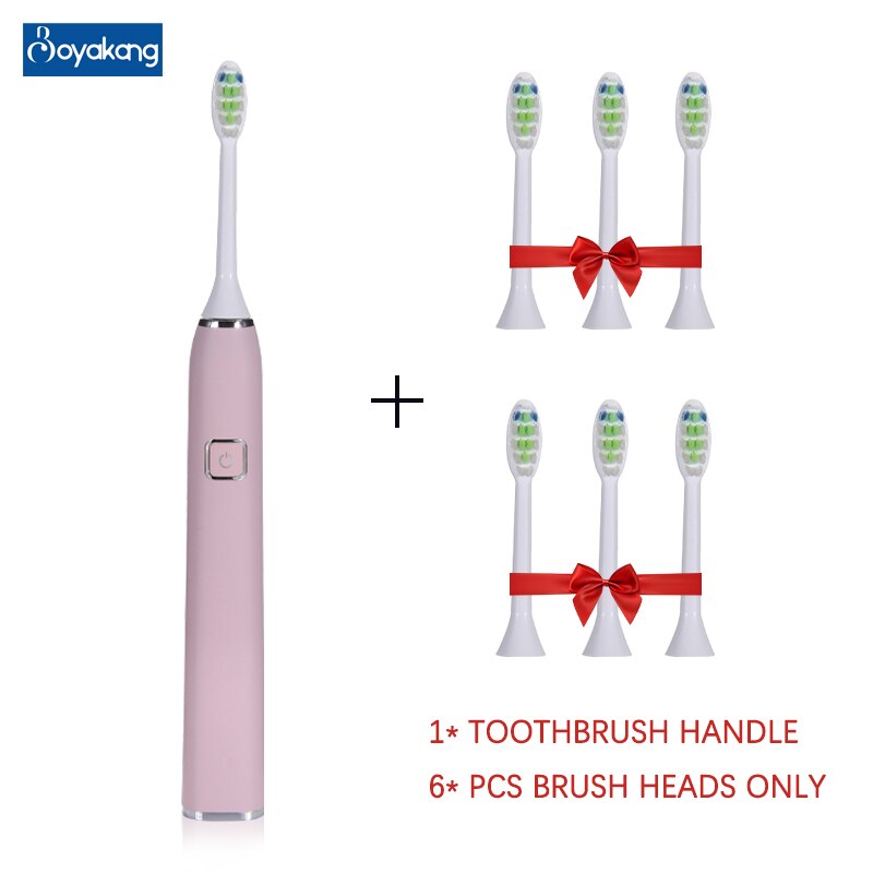 Boyankang Sonic Rechargeable Electric Toothbrush IPX7 Waterproof Inductive Charging 6 Replaceable Heads Dupont Bristles BYK33: Pink