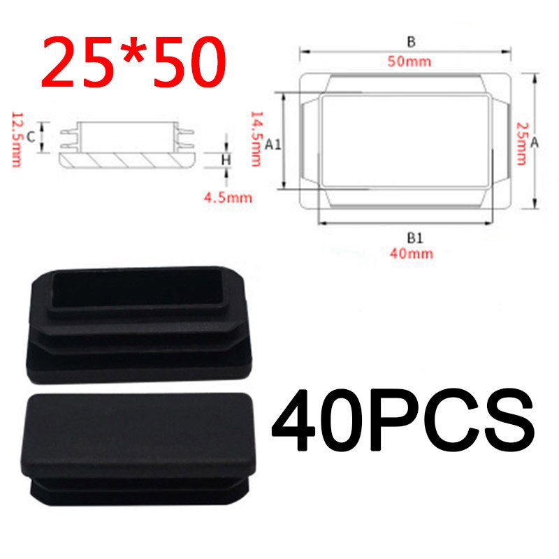 Plastic Steel Rectangular pipe plug Black Furniture Leg plug Anti Slip Feet Protector Pad Plastic square tube cap plug: 25x50mm