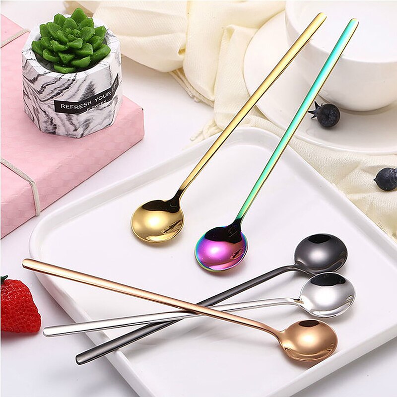 1Pc 24cm Long Handled Stainless Steel Ice Cream Dessert Tea Spoon Colorful Coffee Spoon Dinnerware Flatware Kitchen Tools