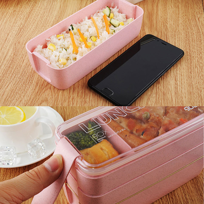 Health Material 3 Layers Lunch Box Microwavable Japanese Bento Food Container Eco-Friendly Wheat Straw 900ml Lunchbox