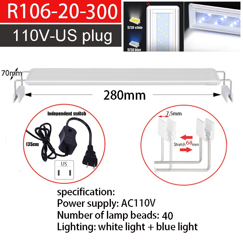 Aquarium Water Aquarium 20-60Cm Water Tank Led Verlichting, wit En Blauw Licht Ultra-Dunne Telescopische Vis Tank Beugel Lichten: R106-300-110vUS plug