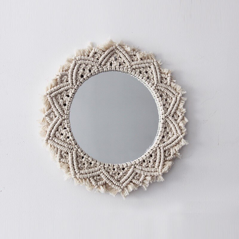 Macramé, espejos colgantes de pared Ins, espejos nórdicos hechos a mano, tapiz de pared, porche de casa, espejos para el hogar, maquillaje, cuarto de baño: D