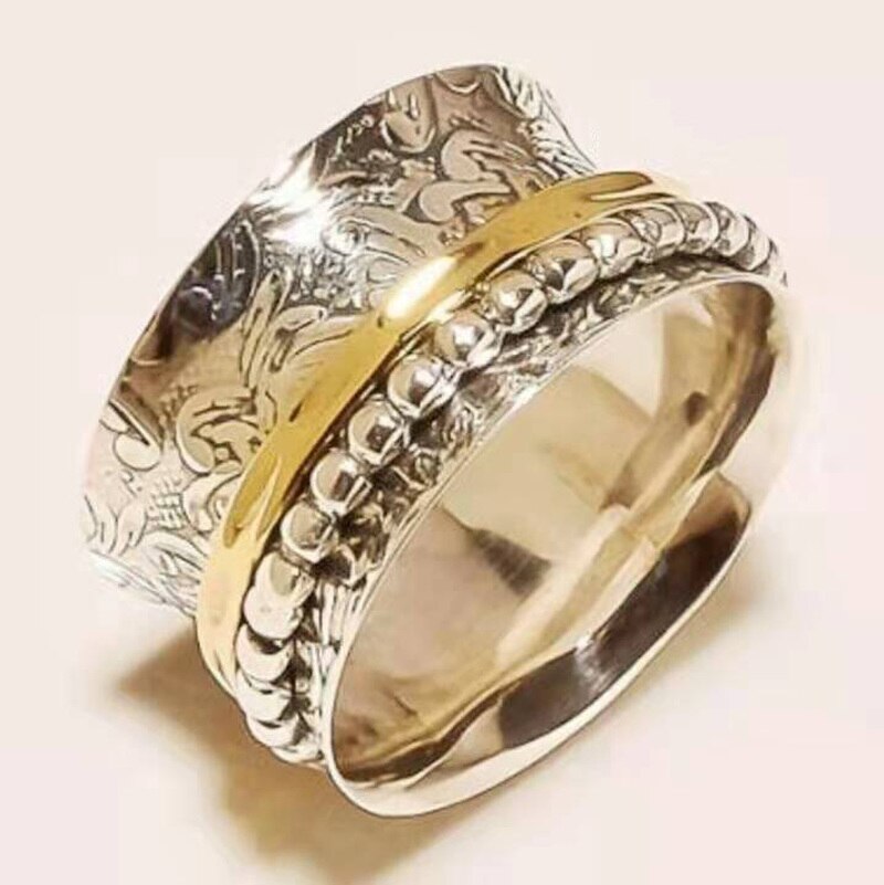 Prachtige Mode Brede Ringen Voor Vrouwen Vintage Metalen Twee Tone Hand Gesneden Spinner Ring Engagement Party Punk Sieraden: 10