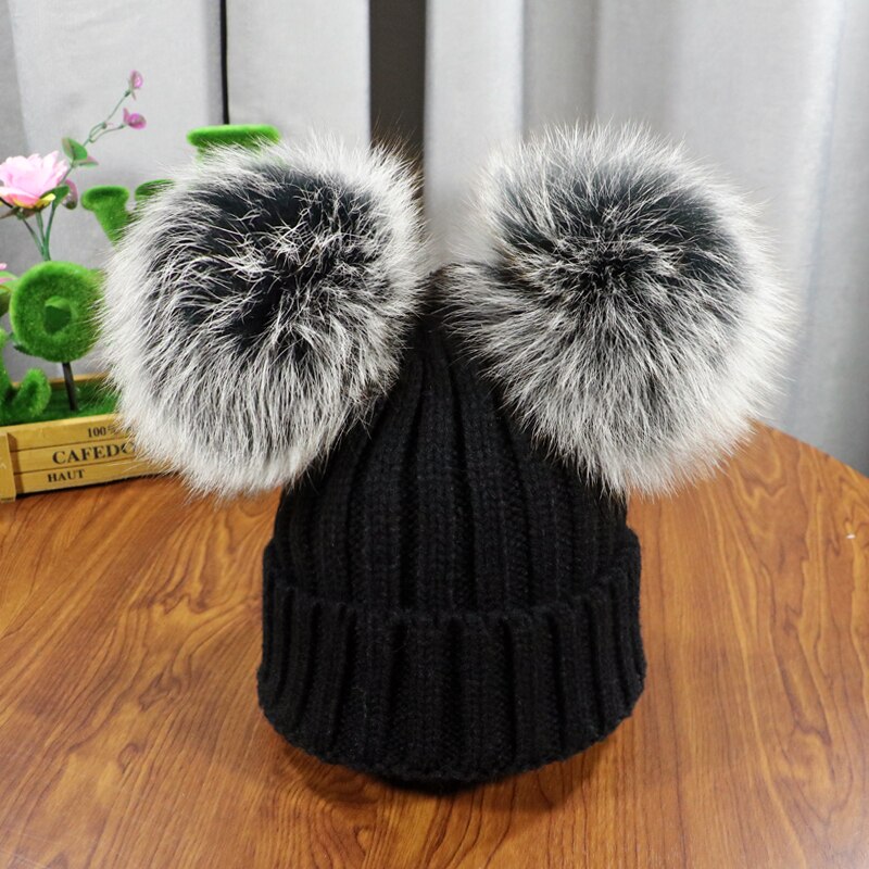 Gorro de dos pompones peludos de invierno para niños, gorro bonito tejido para niñas y niños, gorro cálido de punto para Gorros de bebé, gorro cálido para niños: black  2 / child size(40-51cm)